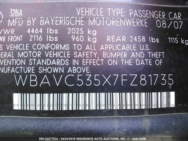 WBAVC535X7FZ81735 - 2007 BMW 328 I SULEV GRAY photo 9