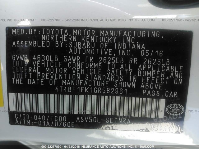 4T4BF1FK1GR582961 - 2016 TOYOTA CAMRY LE/XLE/SE/XSE WHITE photo 9