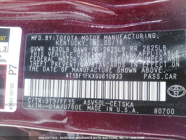 4T1BF1FKXGU610833 - 2016 TOYOTA CAMRY LE/XLE/SE/XSE RED photo 9