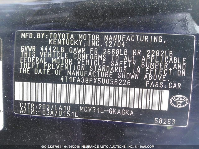 4T1FA38PX5U056226 - 2005 TOYOTA CAMRY SOLARA SE/SLE BLACK photo 9