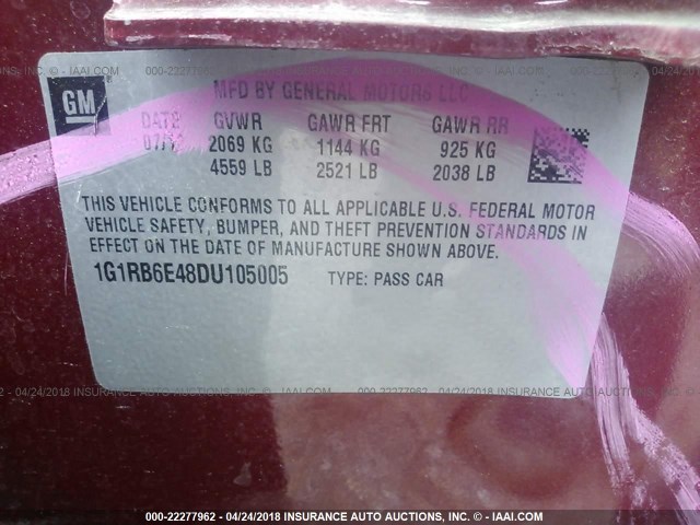 1G1RB6E48DU105005 - 2013 CHEVROLET VOLT RED photo 9