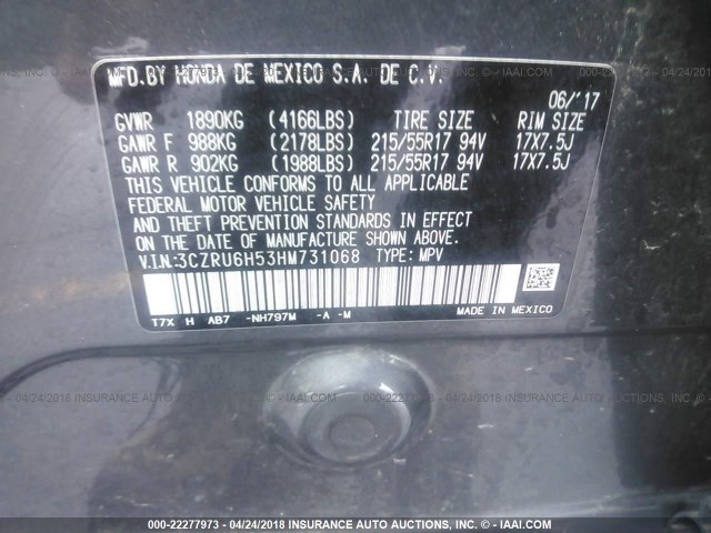 3CZRU6H53HM731068 - 2017 HONDA HR-V EX GRAY photo 9