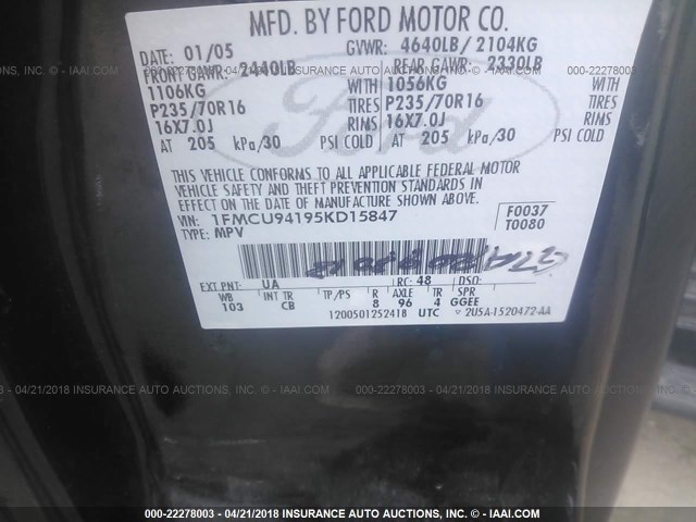 1FMCU94195KD15847 - 2005 FORD ESCAPE LIMITED BLACK photo 9