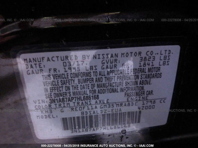 3N1AB7AP7HL686168 - 2017 NISSAN SENTRA S/SV/SR/SL შავი ფოტო 9