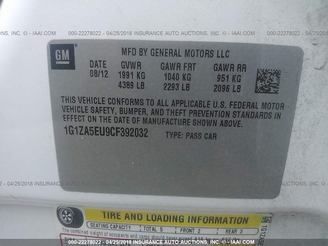 1G1ZA5EU9CF392032 - 2012 CHEVROLET MALIBU LS WHITE photo 9