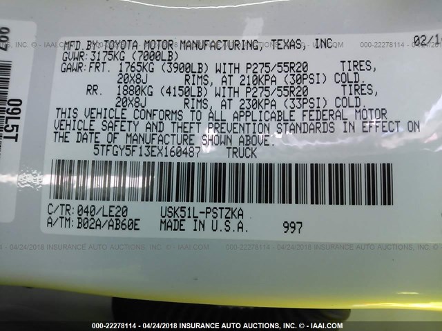 5TFGY5F13EX160487 - 2014 TOYOTA TUNDRA CREWMAX PLATINUM თეთრი ფოტო 9