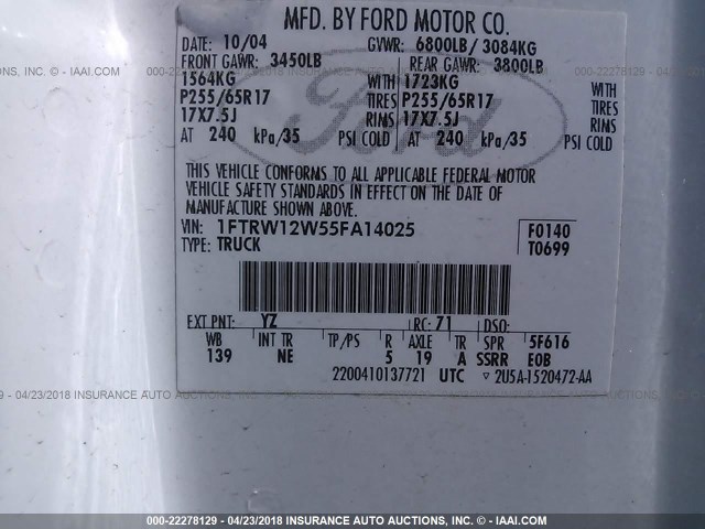 1FTRW12W55FA14025 - 2005 FORD F150 SUPERCREW WHITE photo 9