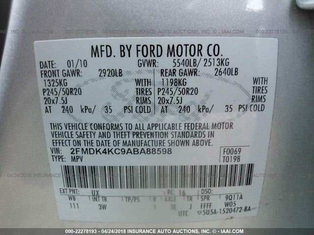 2FMDK4KC9ABA88598 - 2010 FORD EDGE LIMITED SILVER photo 9