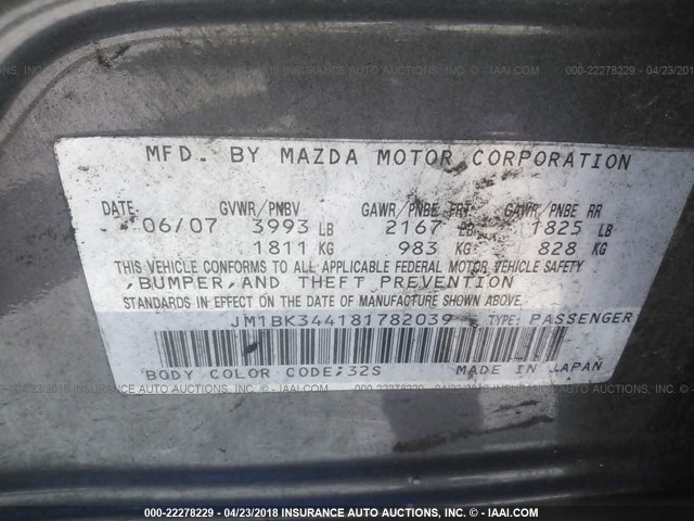 JM1BK344181782039 - 2008 MAZDA 3 HATCHBACK GRAY photo 9