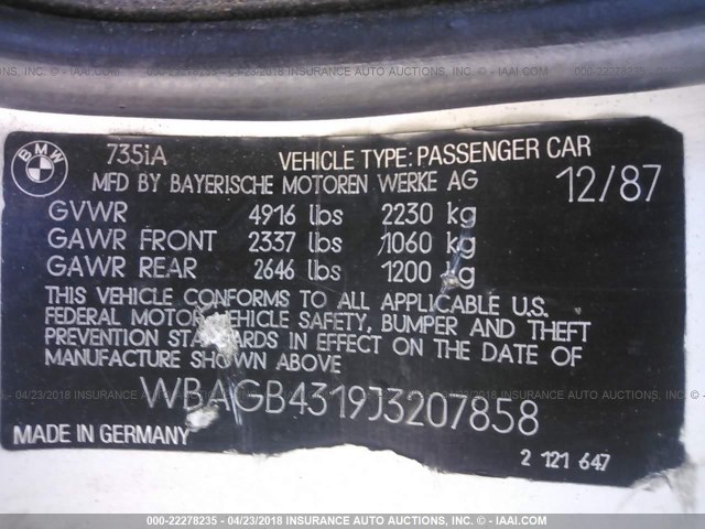 WBAGB4319J3207858 - 1988 BMW 735 I AUTOMATIC WHITE photo 9