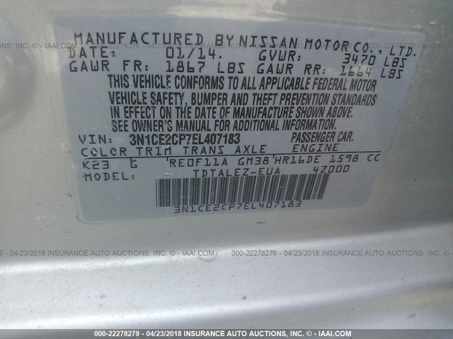 3N1CE2CP7EL407183 - 2014 NISSAN VERSA NOTE S/S PLUS/SV/SL SILVER photo 9