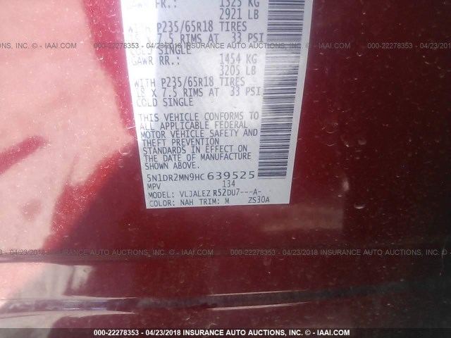 5N1DR2MN9HC639525 - 2017 NISSAN PATHFINDER S/SV/SL/PLATINUM 红色 照片 9