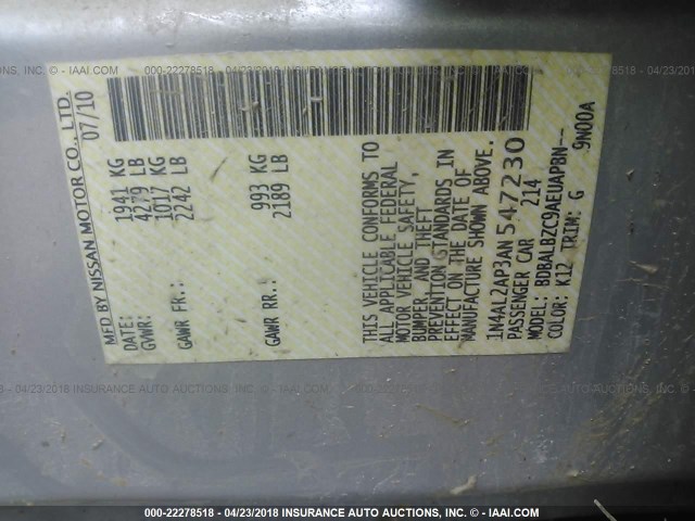 1N4AL2AP3AN547230 - 2010 NISSAN ALTIMA S SILVER photo 9