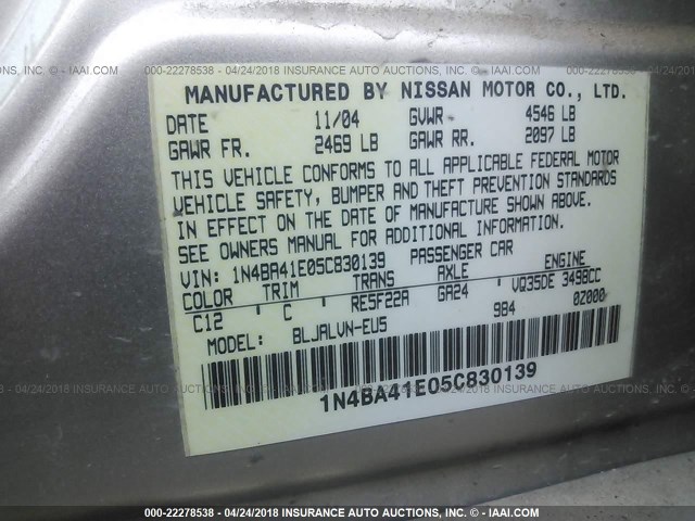 1N4BA41E05C830139 - 2005 NISSAN MAXIMA SE/SL Or photo 9
