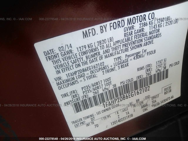 1FAHP2D86EG162102 - 2014 FORD TAURUS SE RED photo 9