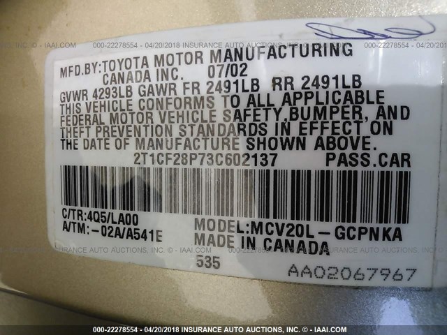 2T1CF28P73C602137 - 2003 TOYOTA CAMRY SOLARA SE/SLE ოქროსფერი ფოტო 9