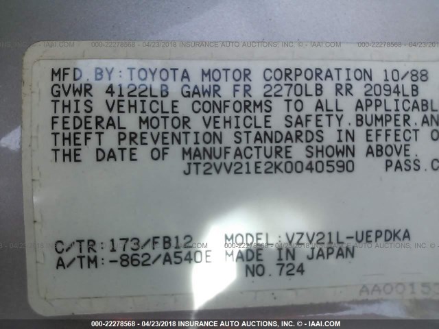 JT2VV21E2K0040590 - 1989 TOYOTA CAMRY DLX 银色 照片 9