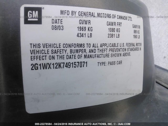 2G1WX12K749157071 - 2004 CHEVROLET MONTE CARLO SS ნაცრისფერი ფოტო 9