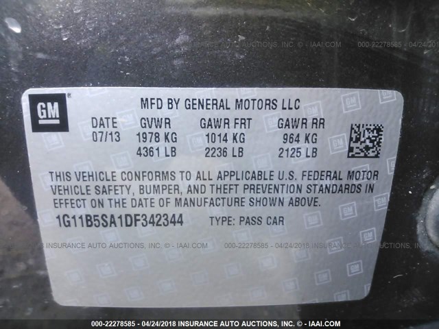 1G11B5SA1DF342344 - 2013 CHEVROLET MALIBU LS 灰色 照片 9