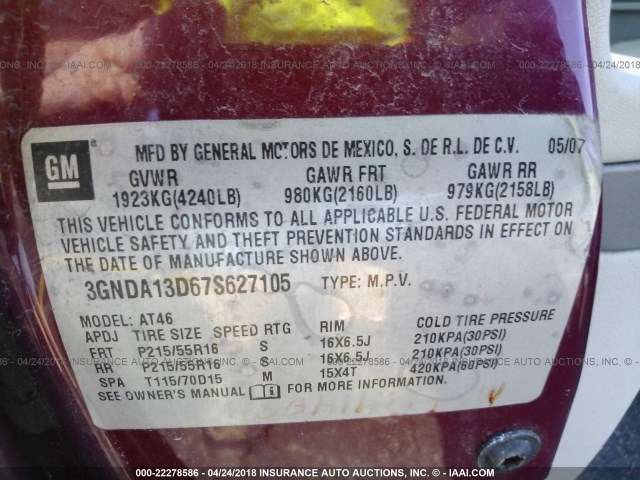 3GNDA13D67S627105 - 2007 CHEVROLET HHR LS RED photo 9