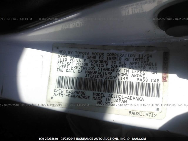 JT2AE09B9S0091145 - 1995 TOYOTA COROLLA LE/DX WHITE photo 9