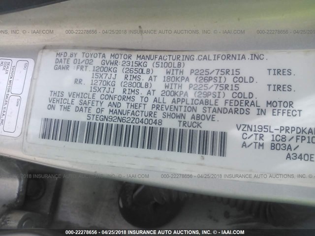 5TEGN92N62Z040048 - 2002 TOYOTA TACOMA DOUBLE CAB PRERUNNER SILVER photo 9