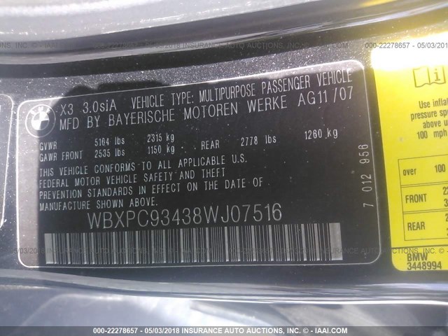 WBXPC93438WJ07516 - 2008 BMW X3 3.0SI BLACK photo 9
