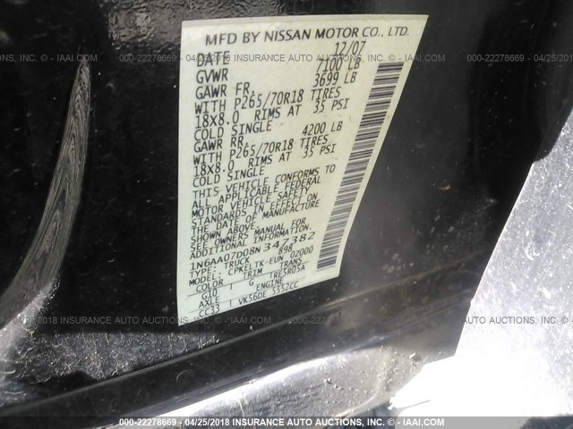 1N6AA07D08N347382 - 2008 NISSAN TITAN XE/SE/LE BLACK photo 9