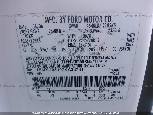 1FMYU93197KA34741 - 2007 FORD ESCAPE XLT WHITE photo 9