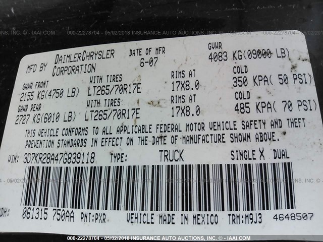 3D7KR28A47G839118 - 2007 DODGE RAM 2500 ST/SLT 黑色 照片 9
