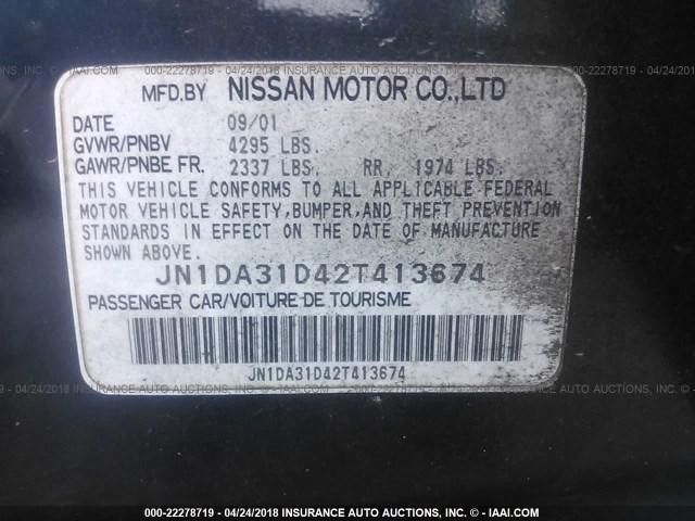 JN1DA31D42T413674 - 2002 NISSAN MAXIMA GLE/GXE/SE BLACK photo 9