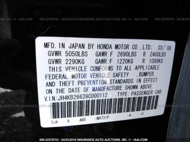 JH4KB26639C000112 - 2009 ACURA RL BLACK photo 9