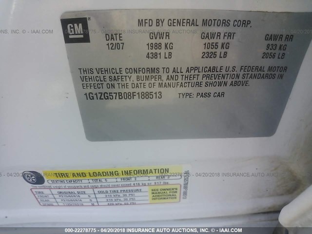 1G1ZG57B08F188513 - 2008 CHEVROLET MALIBU LS WHITE photo 9