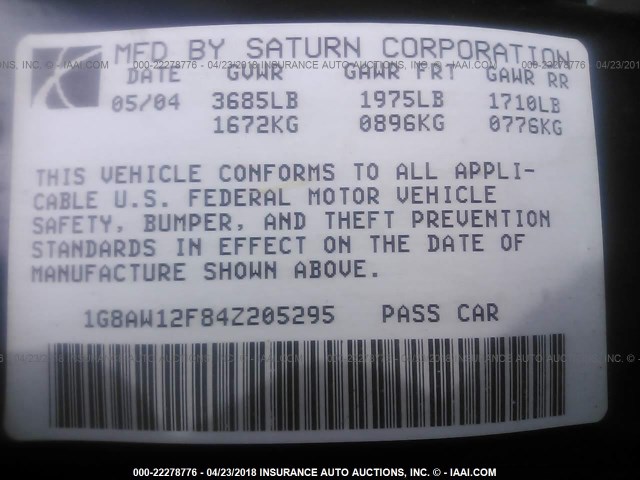 1G8AW12F84Z205295 - 2004 SATURN ION LEVEL 3 SILVER photo 9