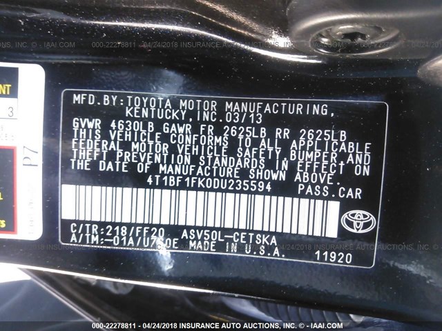 4T1BF1FK0DU235594 - 2013 TOYOTA CAMRY L/SE/LE/XLE BLACK photo 9