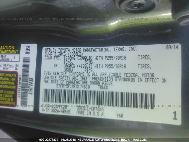5TFRY5F1XFX174610 - 2015 TOYOTA TUNDRA DOUBLE CAB SR/SR5 GRAY photo 9