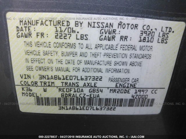 3N1AB61E07L637322 - 2007 NISSAN SENTRA 2.0/2.0S/2.0SL GRAY photo 9