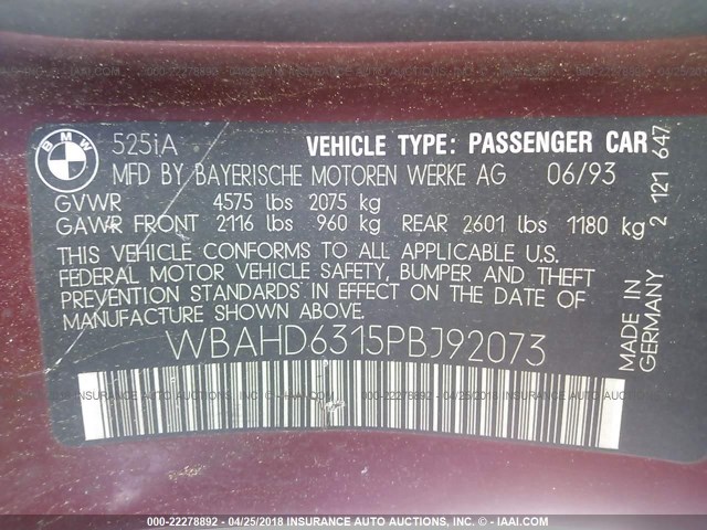 WBAHD6315PBJ92073 - 1993 BMW 525 I AUTOMATIC Tünd qırmızı foto 9