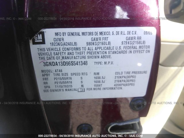 3GNDA13D96S541348 - 2006 CHEVROLET HHR LS BURGUNDY photo 9