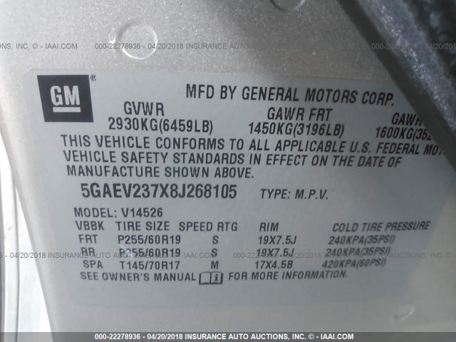 5GAEV237X8J268105 - 2008 BUICK ENCLAVE CXL 银色 照片 9