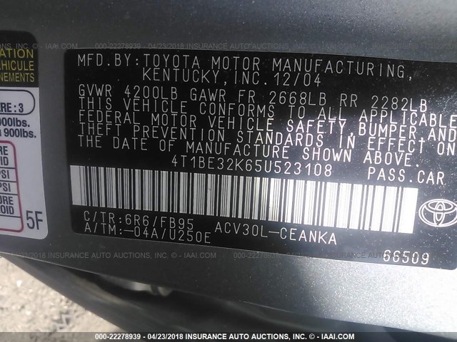 4T1BE32K65U523108 - 2005 TOYOTA CAMRY LE/XLE/SE ვერცხლისფერი ფოტო 9