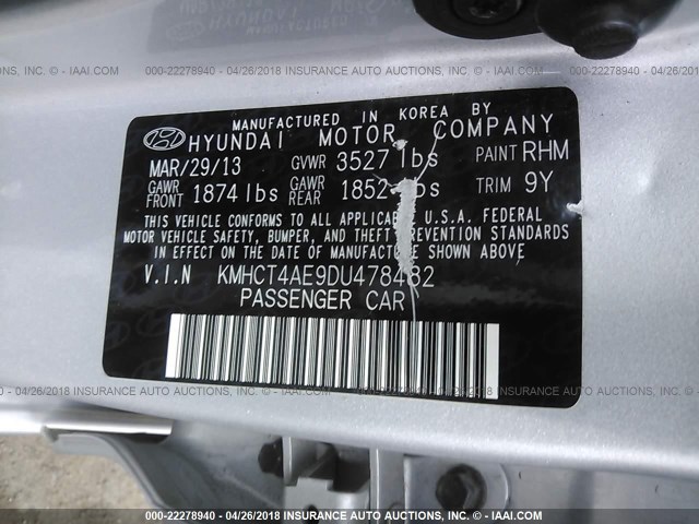 KMHCT4AE9DU478482 - 2013 HYUNDAI ACCENT GLS/GS SILVER photo 9