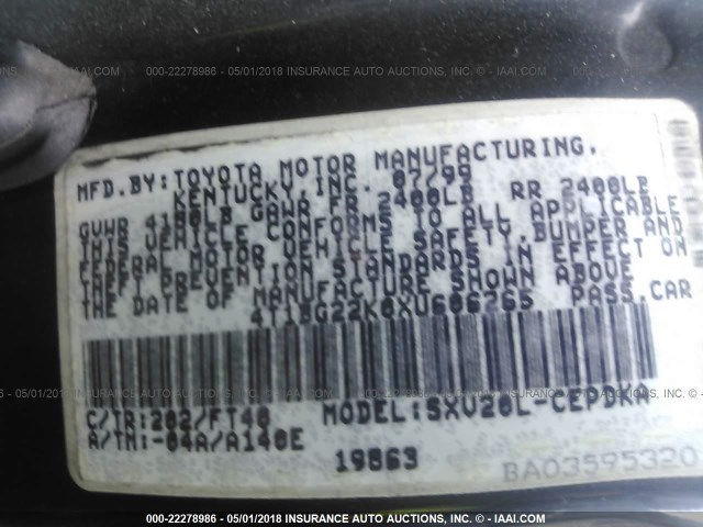 4T1BG22K0XU606265 - 1999 TOYOTA CAMRY CE/LE/XLE 黑色 照片 9