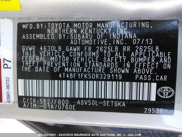 4T4BF1FK5DR329119 - 2013 TOYOTA CAMRY L/SE/LE/XLE Pewter photo 9