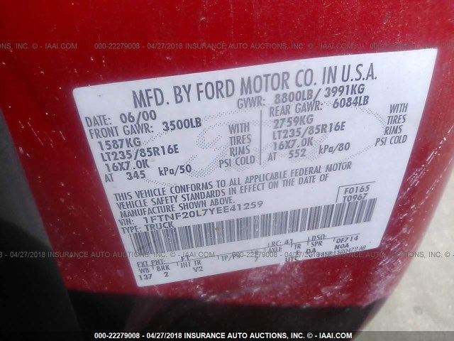 1FTNF20L7YEE41259 - 2000 FORD F250 SUPER DUTY RED photo 9
