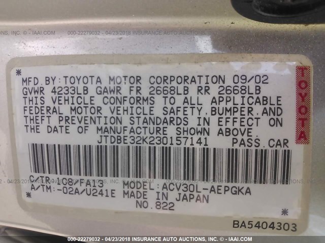 JTDBE32K230157141 - 2003 TOYOTA CAMRY LE/XLE SILVER photo 9