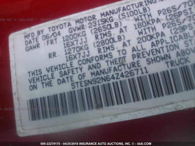 5TESN92N64Z426711 - 2004 TOYOTA TACOMA XTRACAB PRERUNNER 红色 照片 9