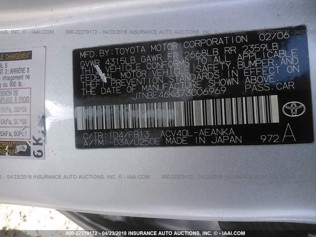 JTNBE46K373006969 - 2007 TOYOTA CAMRY NEW GENERAT CE/LE/XLE/SE SILVER photo 9