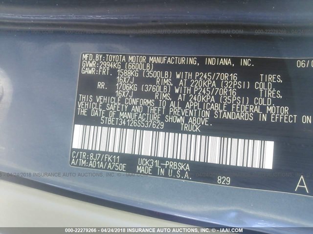 5TBET34126S537629 - 2006 TOYOTA TUNDRA DOUBLE CAB SR5 Light Blue photo 9