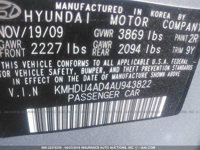 KMHDU4AD4AU943822 - 2010 HYUNDAI ELANTRA BLUE/GLS/SE SILVER photo 9